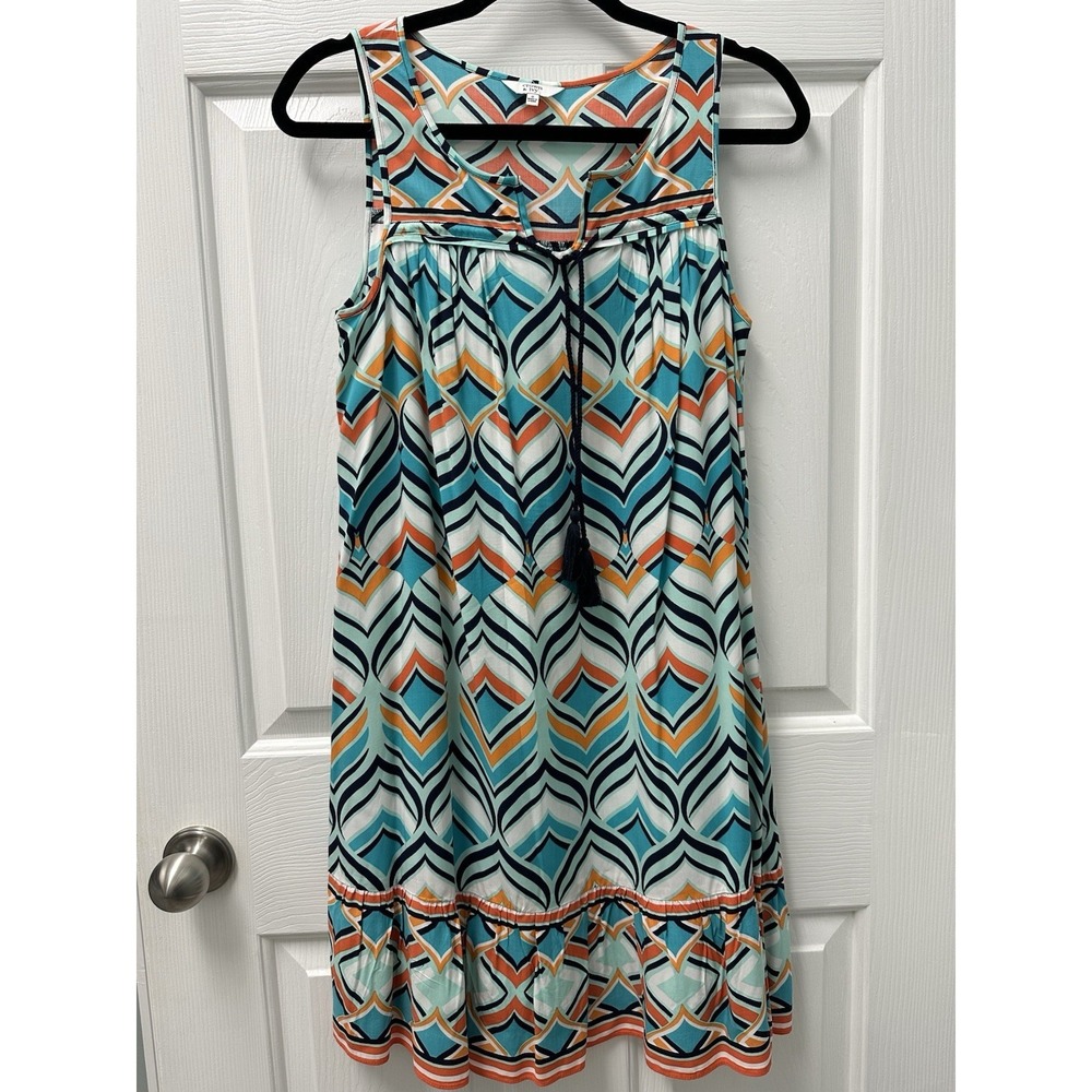 Crown & Ivy Dress Aquas Oranges Geometric Pattern Tassels Size S